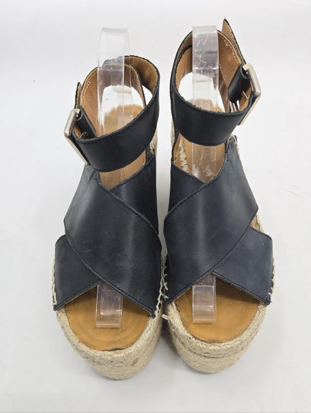 Alohas Black Leather Espadrille‎ Wedge Sandals with Ankle Strap